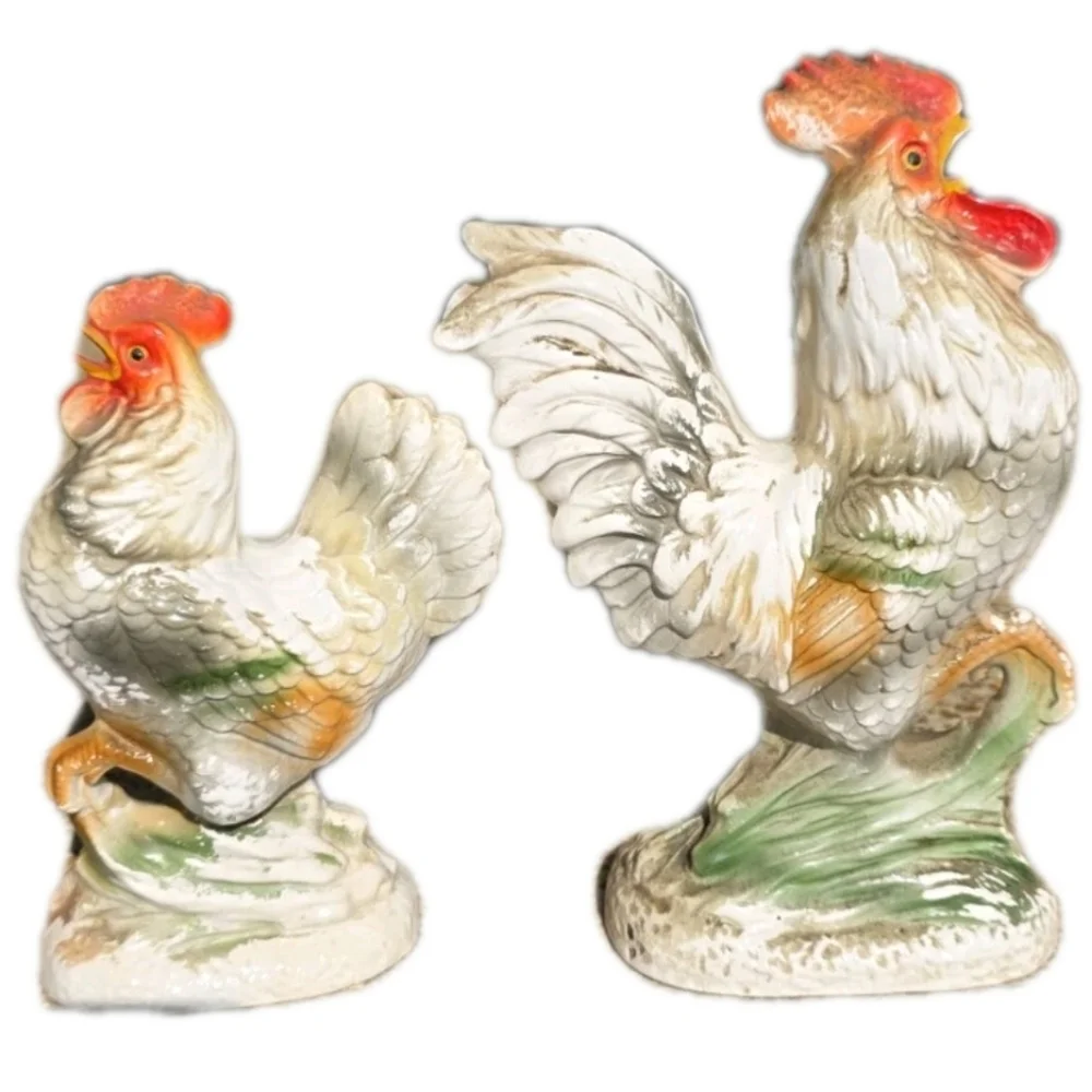 Vintage Rooster and Hen Large Ceramic Figurine 2 pc White Red Gray Antique Decor